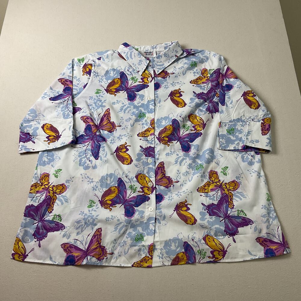MainStreet Blue Womens Plus Size 2X Collared Button Up Butterfly Dress Shirt - Picture 1 of 9